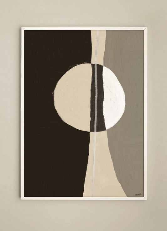 Abstrakter moderner Kunstdruck in Schwarz Weiß Beige Wandbild im Japandi Stil 