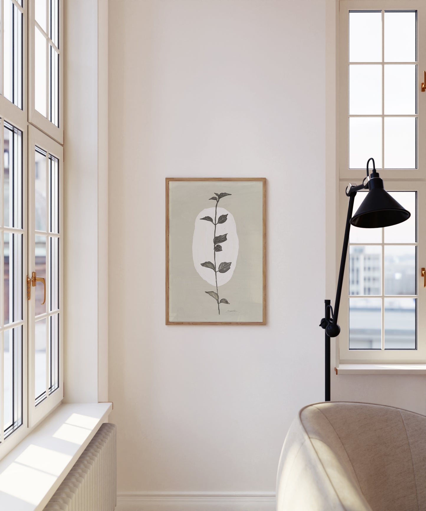 Poster Kunstdruck im skandinavischen Stil mit Pflanze in Beige Weiß und Grau